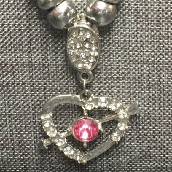 Heart Arrow Drop Necklace As Is Pink Rhinestone Silver Chain Barbie Glam Bling - Picture 2 of 7